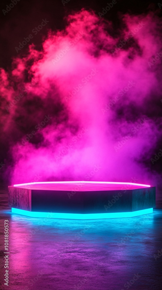 Aufkleber Octagonal glowing platform surrounded by intense neon lights and smoky atmosphere for a futuristic tech presentation with side empty space for text Stockphoto style