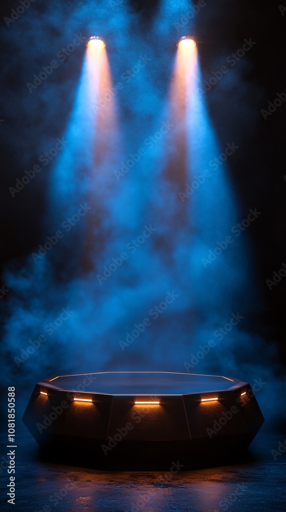 Poster illuminated hexagonal podium with radiant beams shooting upwards in mist-filled darkness suggesting 