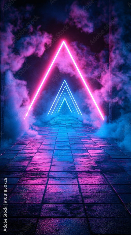 Aufkleber single neon triangle platform emitting bright blue and pink light with a smoky backdrop resembling a