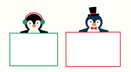 Set of cute Christmas penguin holding blank sign flat vector illustration.
Winter christmas penguin holding blank notice board cartoon vector.