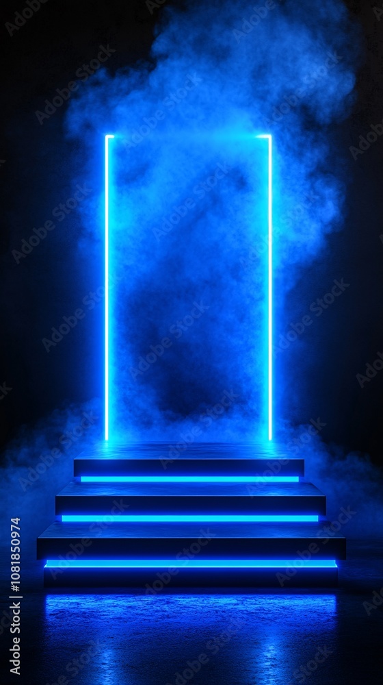 Aufkleber stacked platforms with neon blue highlights and vertical beams in a smoky black background evoking f