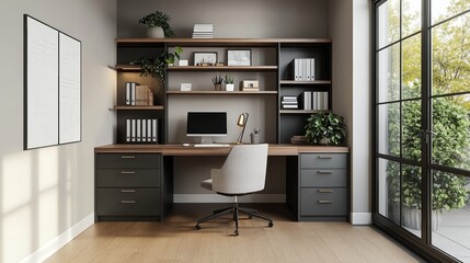 A minimalist home office with sleek furniture, well-organized shelves, and creative storage solutions for a functional workspace