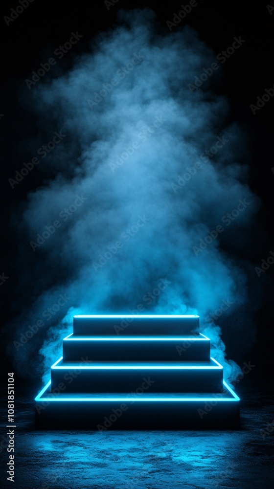 Poster Stacked platforms with neon blue highlights and vertical beams in a smoky black background evoking futuristic high-tech display with side empty space for text Stockphoto style