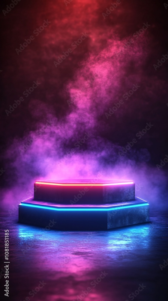 Poster glowing hexagonal podium with vibrant purple and blue lights against a dark background and misty smo
