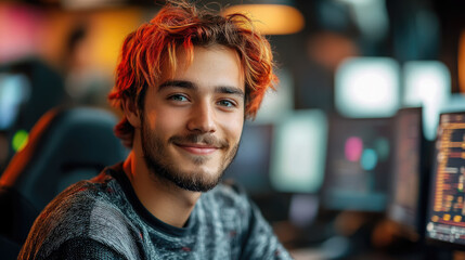 Fototapeta premium Smiling stylish modern young man with colored hair sits in front of computer monitors in bright office, startup, programmer, designer, geek, informal guy, entrepreneur, open space, IT specialist