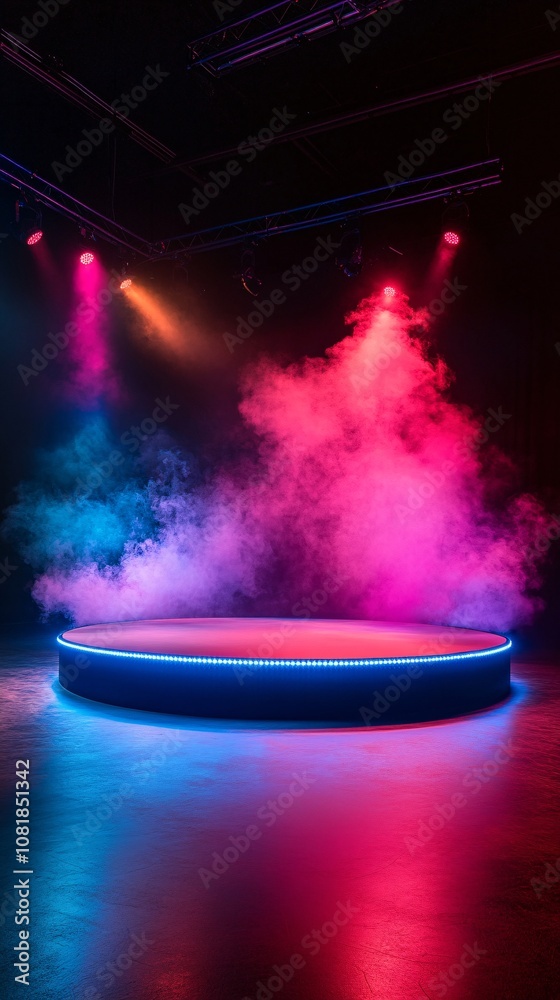 Aufkleber radiant neon pentagon platform with vertical beams and smoky atmosphere set against a pitch-black ba
