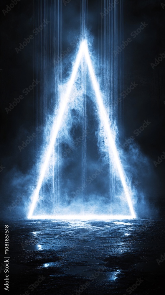 Poster Futuristic triangular neon-lit podium with intense vertical beams and a black misty backdrop for a sci-fi teleportation scene with side empty space for text Stockphoto style