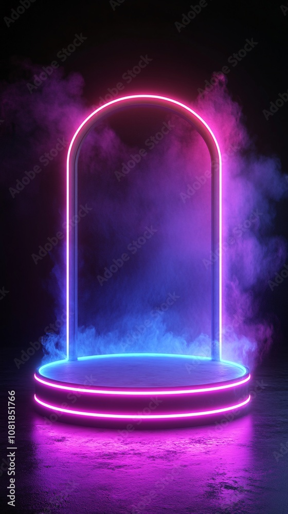 Poster Multi-layered circular neon platform with beams extending upward in purple and blue hues in a smoky black background resembling a sci-fi portal with side empty space for text Stockphoto style