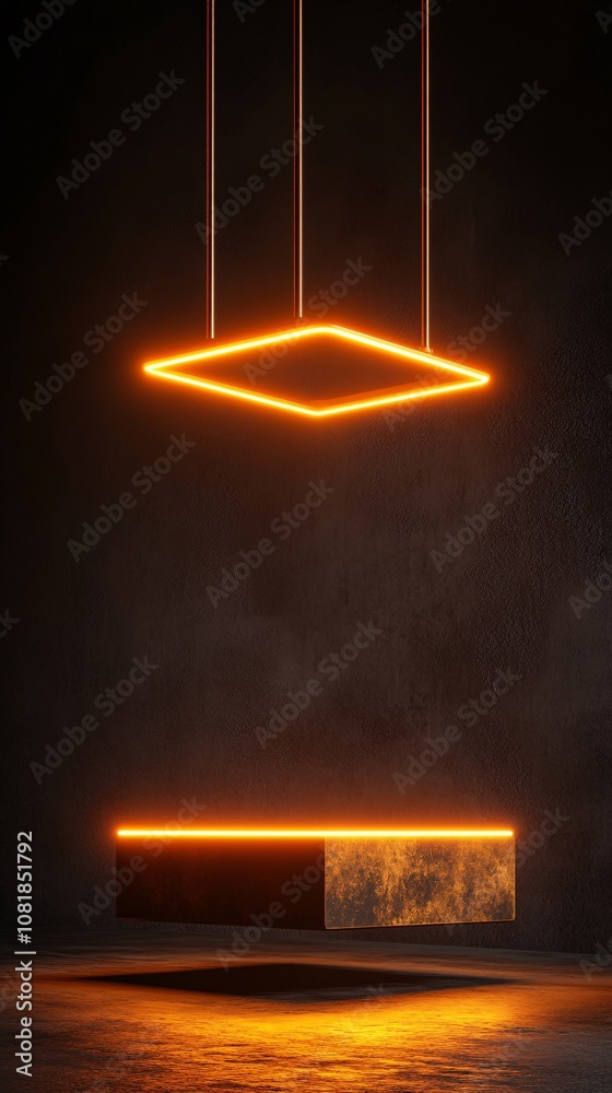 Poster floating square neon stage glowing with vertical beams against a dark misty environment suggesting a