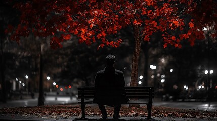 A solitary man in an overcoat sits on a bench in a dark, moody park at night, under a tree with red leaves