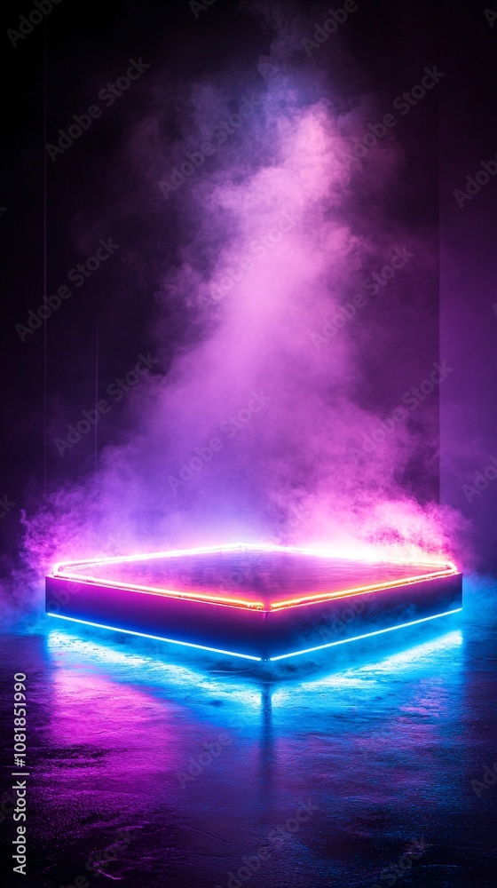 Poster hexagon platform surrounded by radiant neon lights in vibrant purple and blue with a black backdrop 