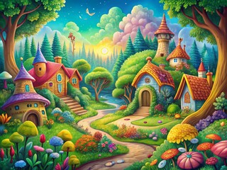Fototapeta premium Coloring Book Pages for Kids Featuring a Whimsical Cartoon Forest in a Beautiful Novel Landscape View with Vibrant Colors and Playful Characters to Inspire Imagination and Creativity