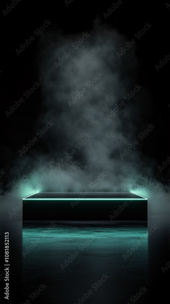 Fototapete Triangular platform with neon edges and vertical beams set against a misty black background for a sleek high-tech display scene with side empty space for text Stockphoto style