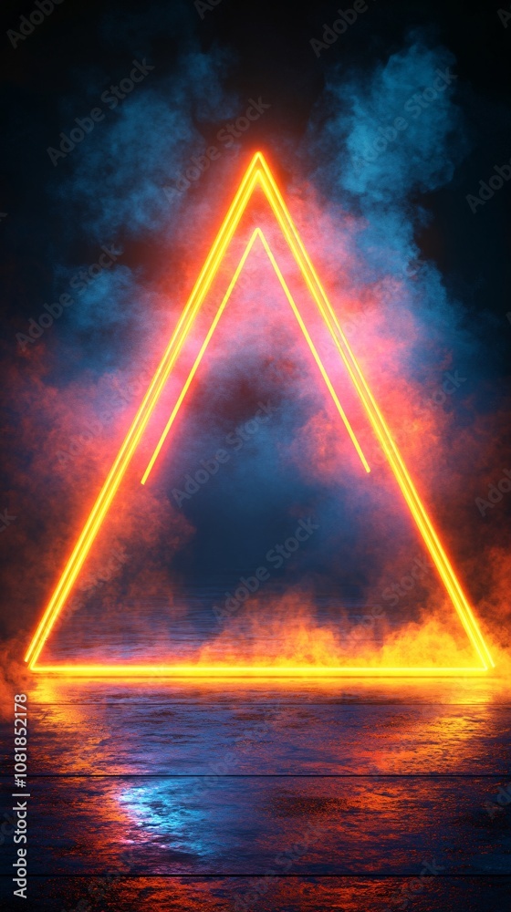 Aufkleber Triangular platform with neon edges and vertical beams set against a misty black background for a sleek high-tech display scene with side empty space for text Stockphoto style