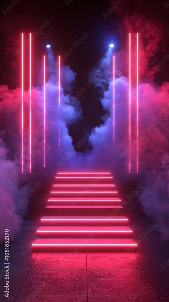 Fototapete Triangular platform with neon edges and vertical beams set against a misty black background for a sleek high-tech display scene with side empty space for text Stockphoto style