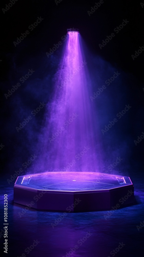 Poster Octagonal platform with neon pink and purple beams extending upward in a dense smoky atmosphere for a sci-fi teleportation theme with side empty space for text Stockphoto style