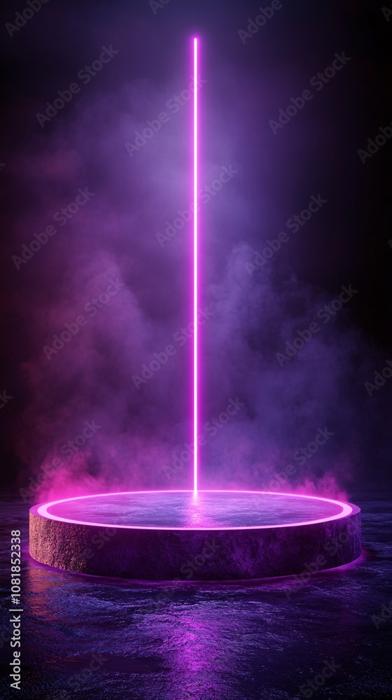 Aufkleber octagonal platform with neon pink and purple beams extending upward in a dense smoky atmosphere for 