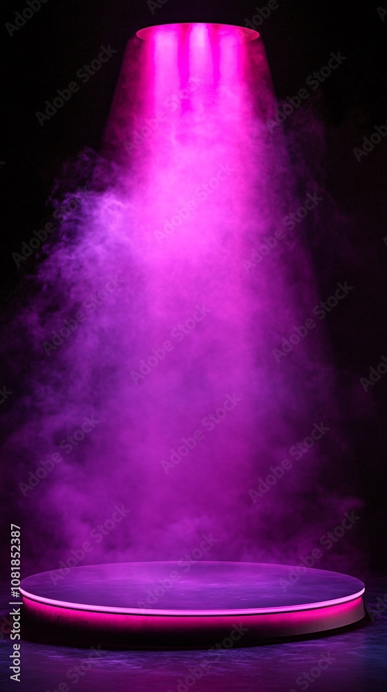 Poster Octagonal platform with neon pink and purple beams extending upward in a dense smoky atmosphere for a sci-fi teleportation theme with side empty space for text Stockphoto style