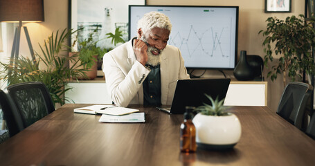 Manager, laptop and mature black man reading email, investment results or risk management metrics. Smile, computer or ceo check news for financial share price, kpi or data analysis in business office