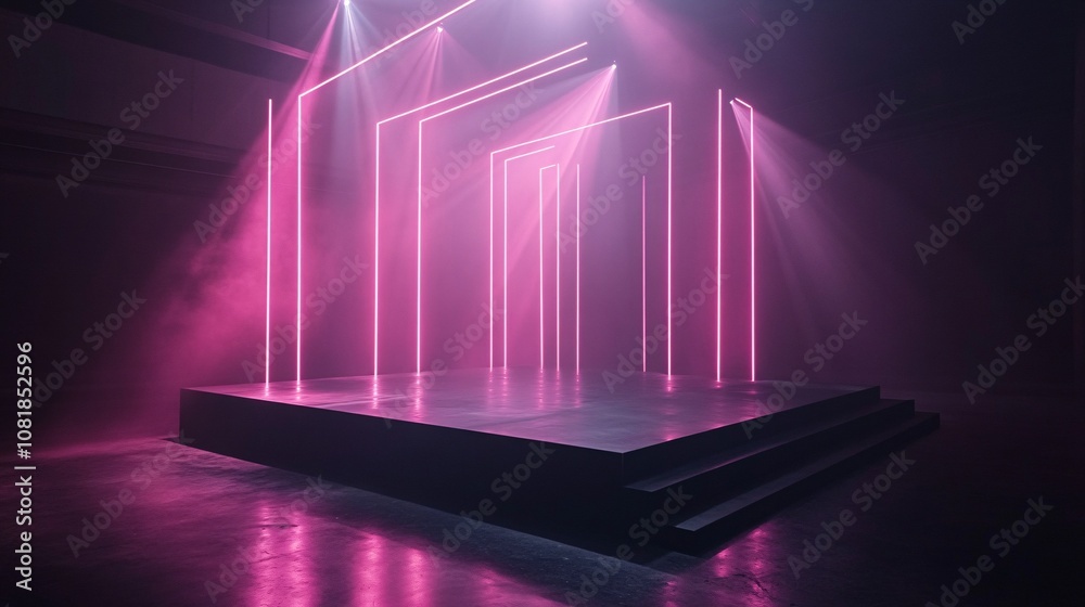 Aufkleber Neon-lit geometric platform with a sleek black stage surrounded by vertical beams of light creating a futuristic and high-tech ambiance with side empty space for text Stockphoto style