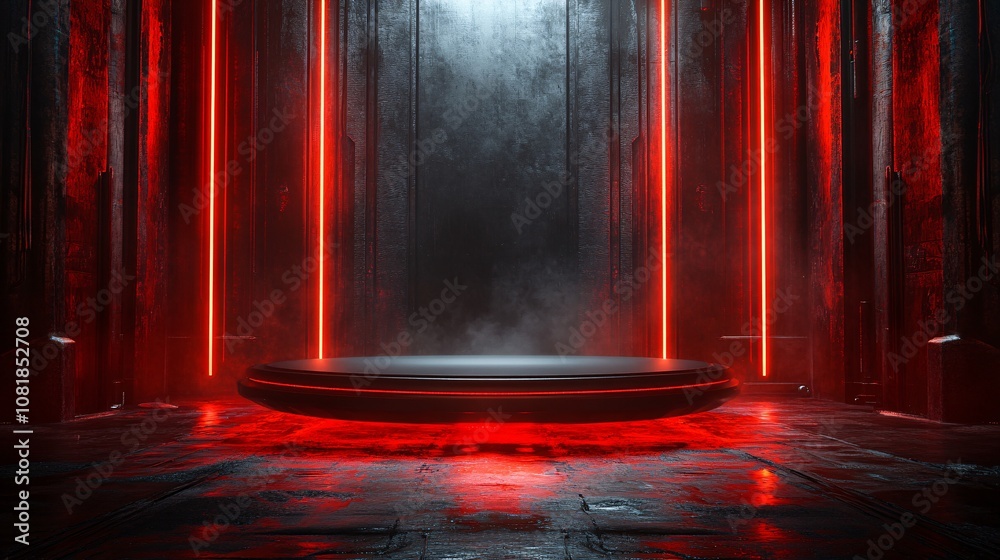 Fototapete Neon-lit geometric platform with a sleek black stage surrounded by vertical beams of light creating a futuristic and high-tech ambiance with side empty space for text Stockphoto style