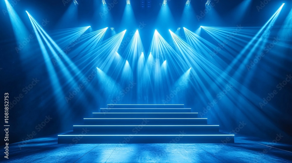 Poster Neon-lit geometric platform with a sleek black stage surrounded by vertical beams of light creating a futuristic and high-tech ambiance with side empty space for text Stockphoto style