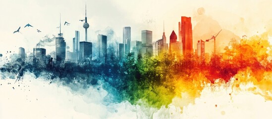 Obraz premium Watercolor skyline of a city with a colorful abstract background.