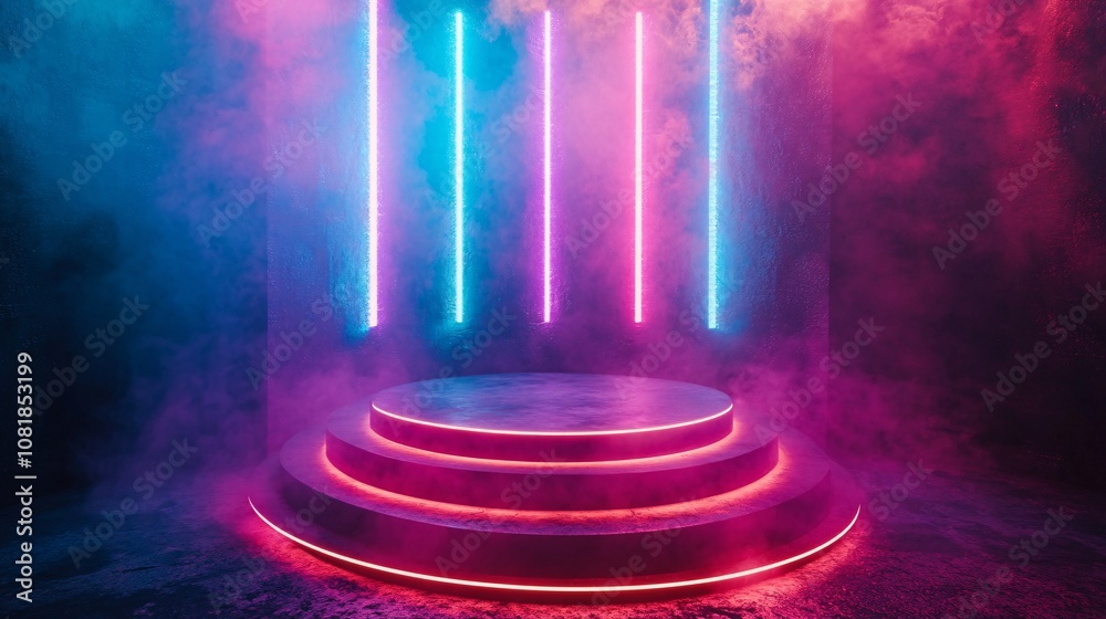 Poster Circular neon-lit podium with blue and purple beams rising vertically from the edges and a smoky atmosphere suggesting a teleportation effect with side empty space for text Stockphoto style
