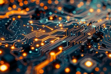 Circuit board technology. Glowing pathways symbolize innovation and progress in digital technology.  A stunning image of intricate circuitry.
