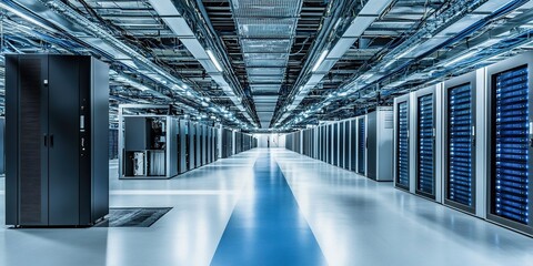 Obraz premium Abstract Marketing Background Featuring a Database with Intricate Networks and Technology, Showcasing Communication and New Productive Forces in a Data Center Server Room, Ideal for AI-Generated Wallp