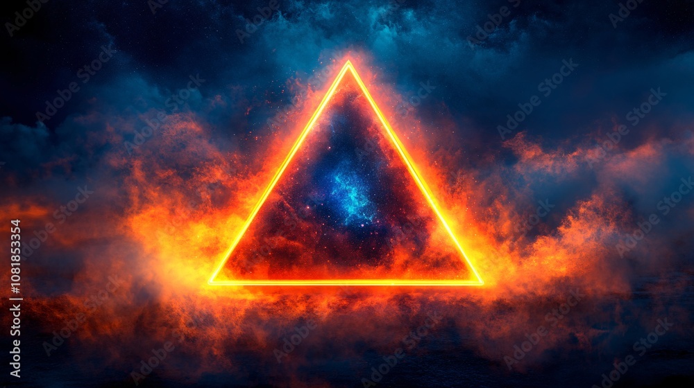 Aufkleber Futuristic triangular platform emitting radiant neon lights with a dark foggy backdrop adding a sci-fi teleportation vibe with side empty space for text Stockphoto style