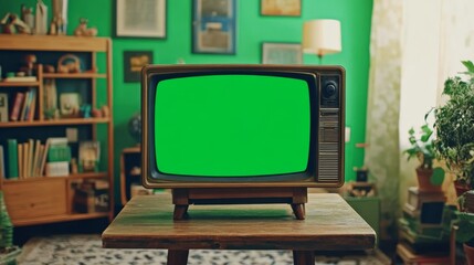 Vintage TV with green screen mock-up showcasing nostalgic 90s technology concept. Stunning closing shot capturing retro aesthetics.