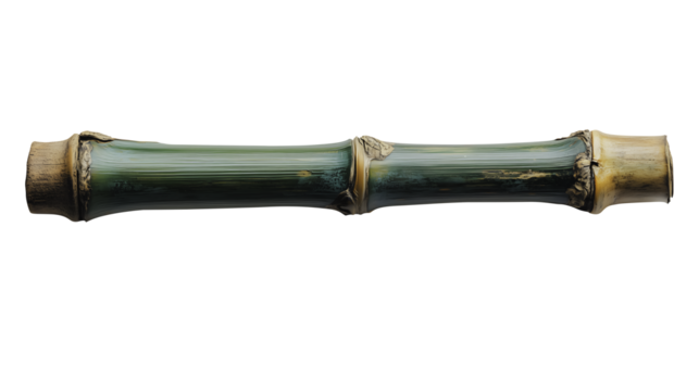 A long bamboo stick with a brown tip. The stick is green and brown in color. It is a long thin object