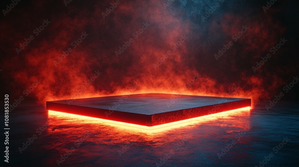 Poster Futuristic triangular platform emitting radiant neon lights with a dark foggy backdrop adding a sci-fi teleportation vibe with side empty space for text Stockphoto style