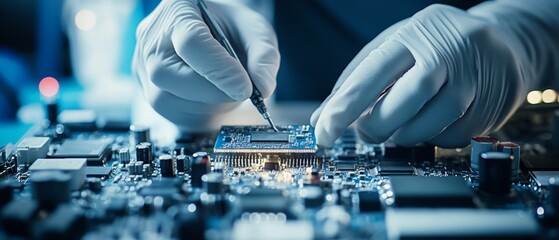 High-Tech Factory Worker Assembling Electronic Circuit Boards with Surface Mount Technology and Pick and Place Machine