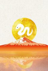 2025年の干支　巳年のへびと逆さ富士の年賀状背景素材