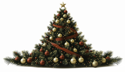 A Christmas tree with gold and red ornaments and a star on top. The tree is tall and has a lot of decorations