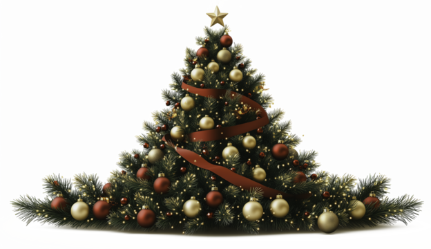 A Christmas tree with gold and red ornaments and a star on top. The tree is tall and has a lot of decorations