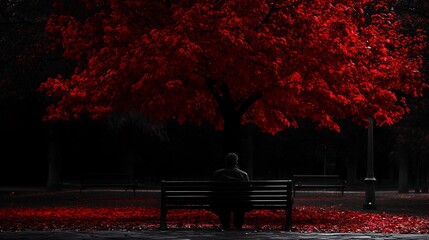 Dark, moody park at night, benches scattered around, a man in an overcoat sits alone on one, red leaves on the nearby tree highlighted in selective coloring