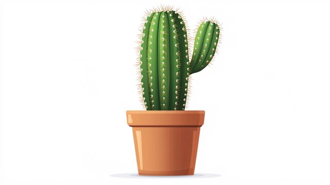 58.A clean, simple vector illustration of a vibrant green cactus with soft spikes, standing tall in a terracotta pot, all set against a white background. The pot has a natural earthy texture,