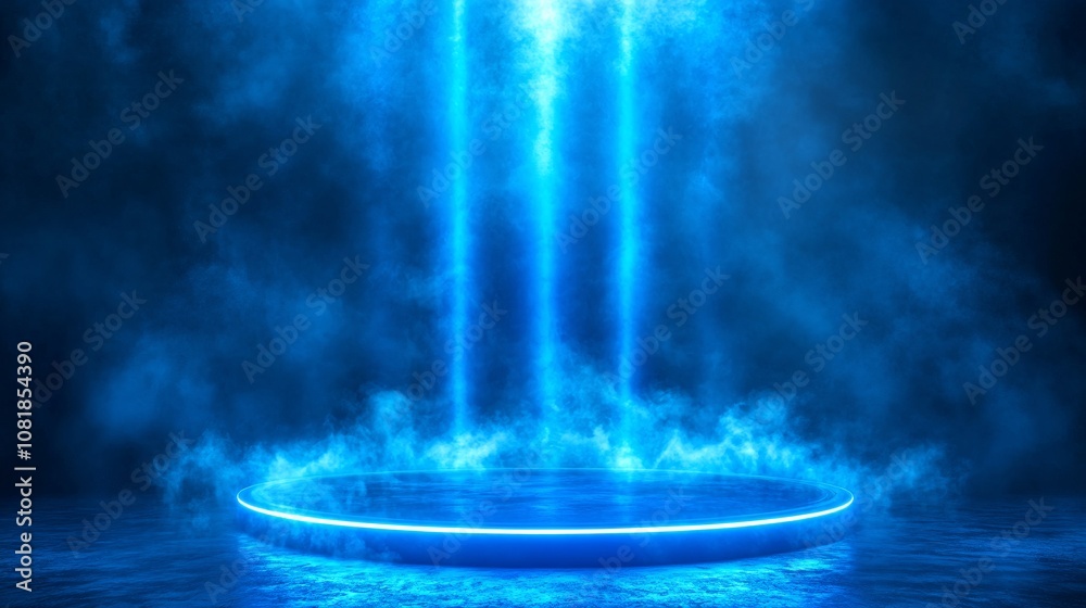Poster Radiant blue circular stage with sharp vertical neon lights against a dense fog background resembling a teleportation platform with side empty space for text Stockphoto style
