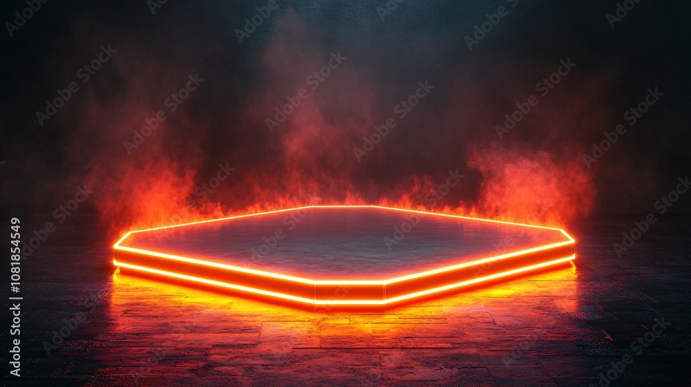 Poster bright neon pentagon platform surrounded by vertical beams against a dark, misty background evoking 