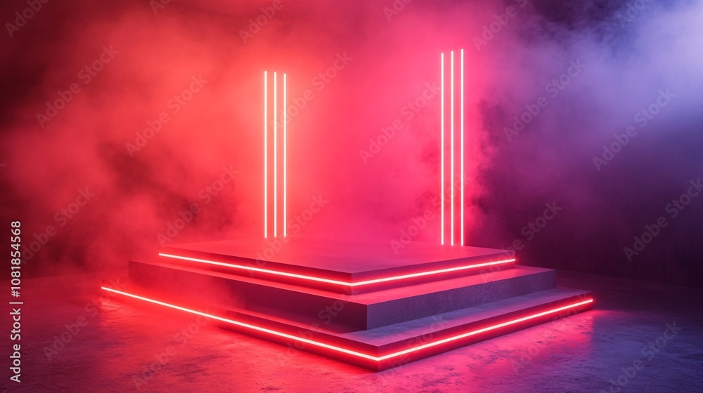 Poster Stacked square platforms with neon highlights and upward beams set in a smoky sci-fi ambiance conveying a futuristic display space with side empty space for text Stockphoto style