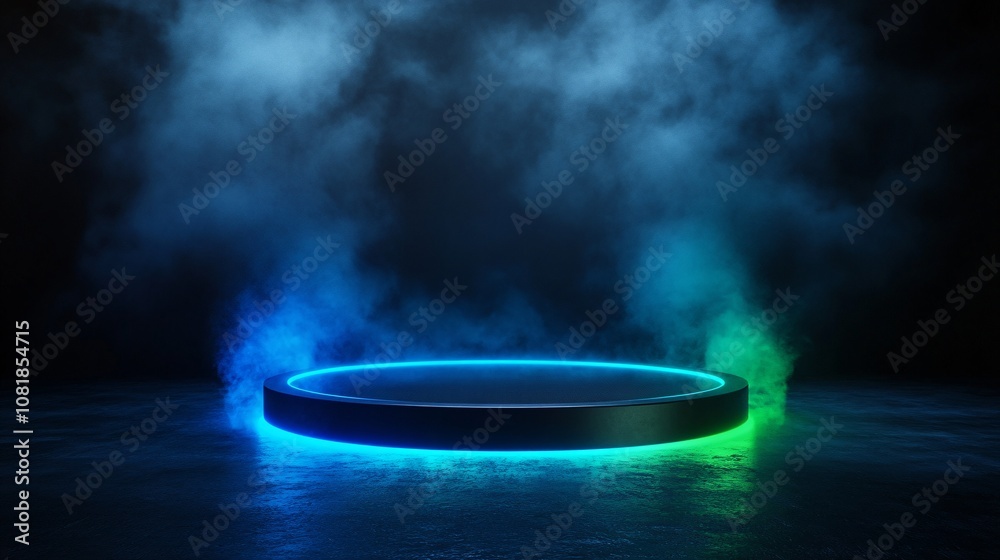 Fototapete Elliptical neon-lit platform with pulsing blue and green beams rising vertically in a dark smoky setting suggesting a teleportation device with side empty space for text Stockphoto style