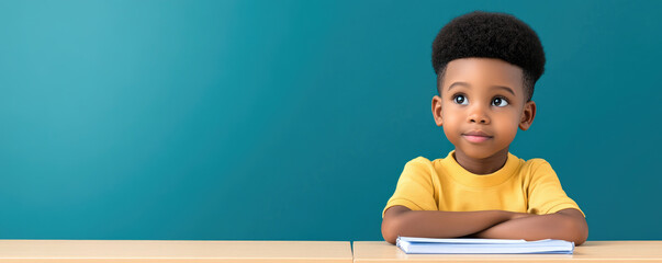 Focused African American boy engaged in study at his classroom desk, surrounded by books and school supplies, eager to learn and succeed
