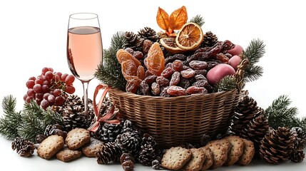 A holiday gift basket filled with ros&eacute; wine, an array of dried fruits, and holiday shortbread, arranged on a white background.