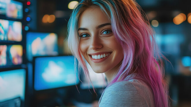 Smiling stylish modern young woman with colored hair sits in front of several computer monitors in bright office, startup, programmer, designer, geek, informal girl, entrepreneur, open space, IT
