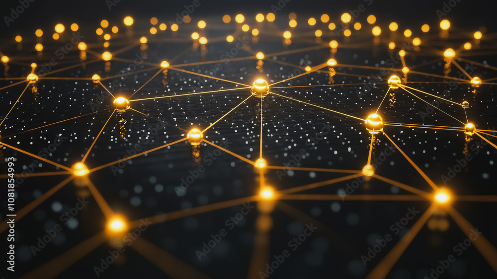 Poster a network of glowing spheres is displayed on a black background. the spheres are connected to each o