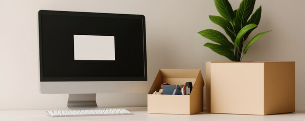 Empty office, computer screen shows termination email, box of personal items nearby, somber atmosphere, sense of loss and transition