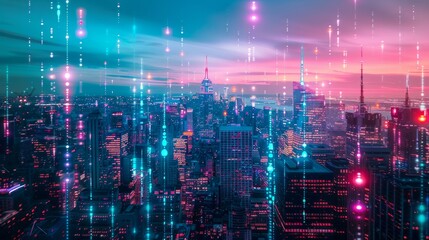 Obraz premium Digital cityscape sunset. Vibrant metropolis at dusk, showcasing technological advancement and data flow. Represents progress and connectivity.
